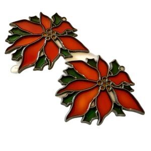 2 VINTAGE POINSETTIA STAINED Glass Style ORNAMENTS SUN CATCHERS  4" by 4.5"